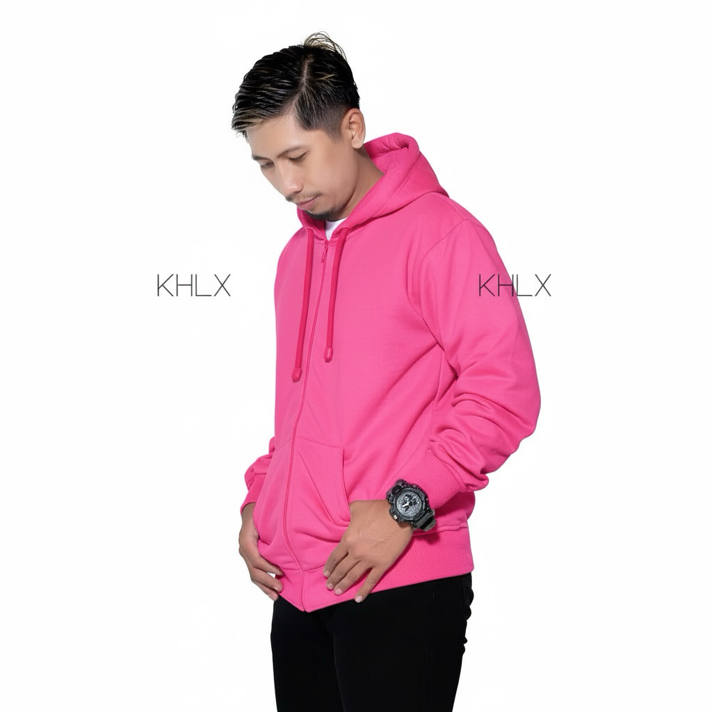 Jaket polos Hoodie zipper L,XL,XXL pink fanta pria wanita