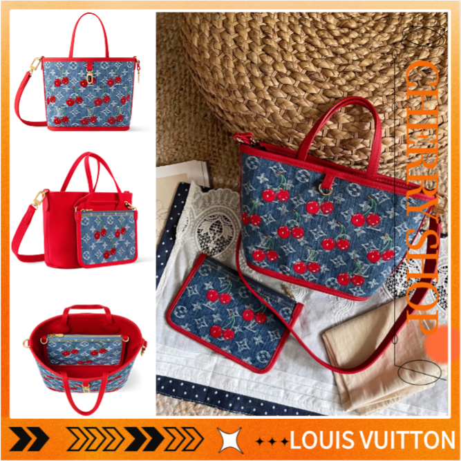 2025 NEW Louis Vuitton LV x TM NEVERFULL BB Denim Cherry Tote Bag