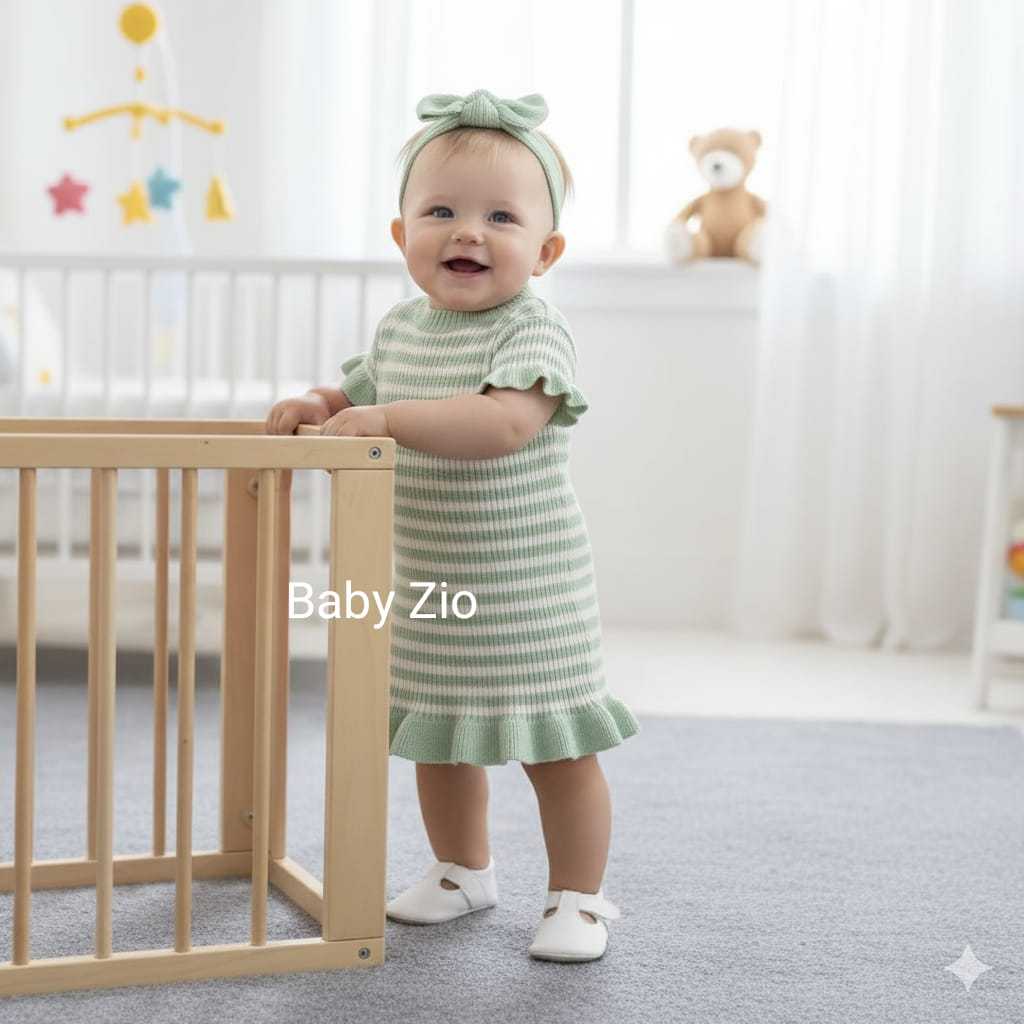 Dress Bayi Set 2 in 1 Salur (Dress Salur, Bando Pita Cantik)/ Dress Rajut Newborn 0-6 Bulan