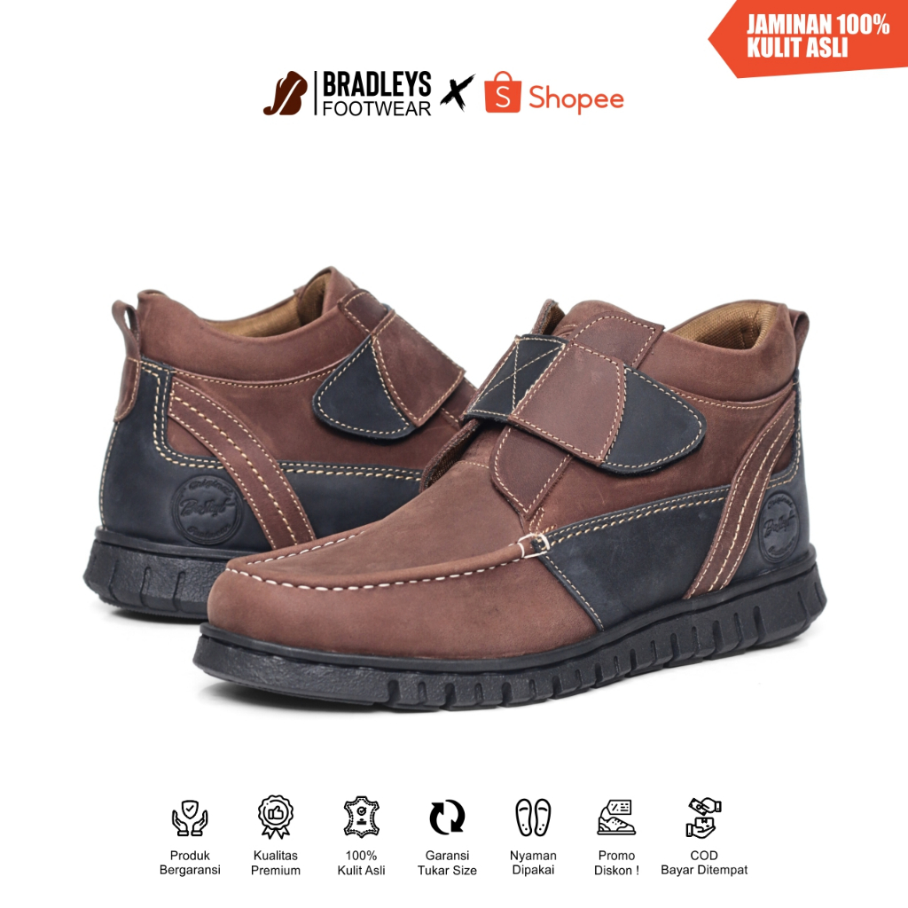 Bradleys Madley - Sepatu Kulit Pria | Sepatu Casual Boots Velcro Pria Moc Toe Original Kulit Asli