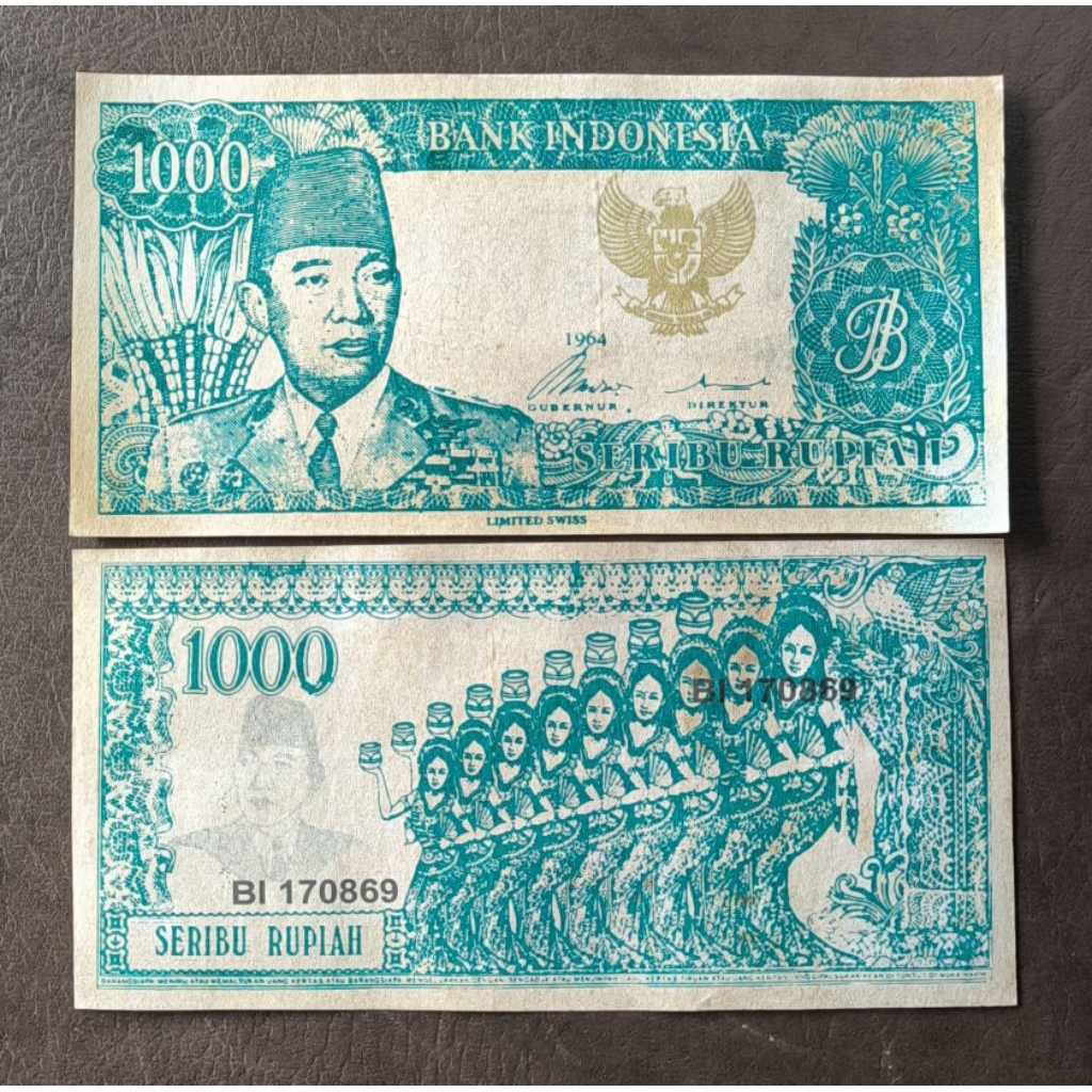 uang souvenir 1.000 Sukarno melengkung 1964 warna hijau gambar penari serimpi 9 miring Garuda emas n