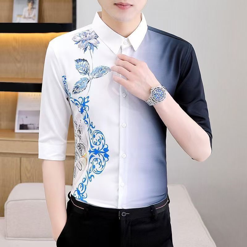 Kemeja Lengan Panjang Pria, Baju Cetak Lengan Panjang Keren Warna Gradien Jalanan Goreng Gaya Korea