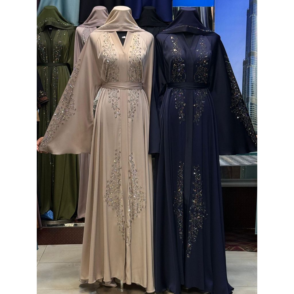 Abaya Dubai Terbaru READY STOCK Gamis Lebaran Navy + Pashmina + Belt