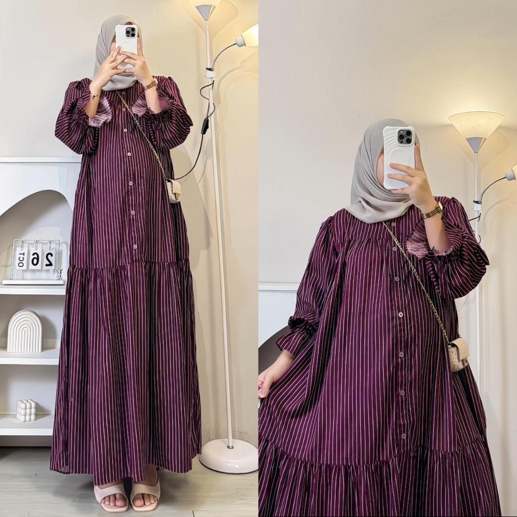 Leony Dress Rayon Gamis Jumbo Busui Friendly motif garis garis