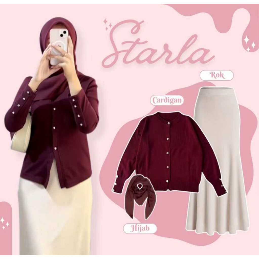 Starla Outfit Setelan Wanita / One Set Wanita / Cardigan Kancing + Hijab Paris + Rok Duyung / Setela