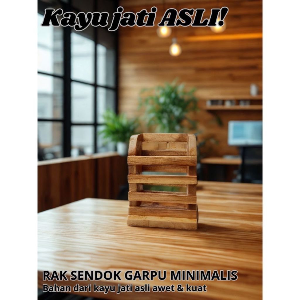 LEMBUR JATI KERAJINAN KAYU Rak Sendok Garpu Aesthetic Handmade Serbaguna - Tempat Pensil Skat Kayu M