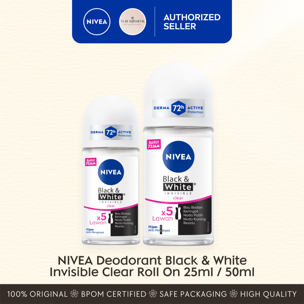 NIVEA Deodorant Roll On Black & White Invisible Clear 25ml / 50ml - Perlindungan 48 jam, tanpa noda 