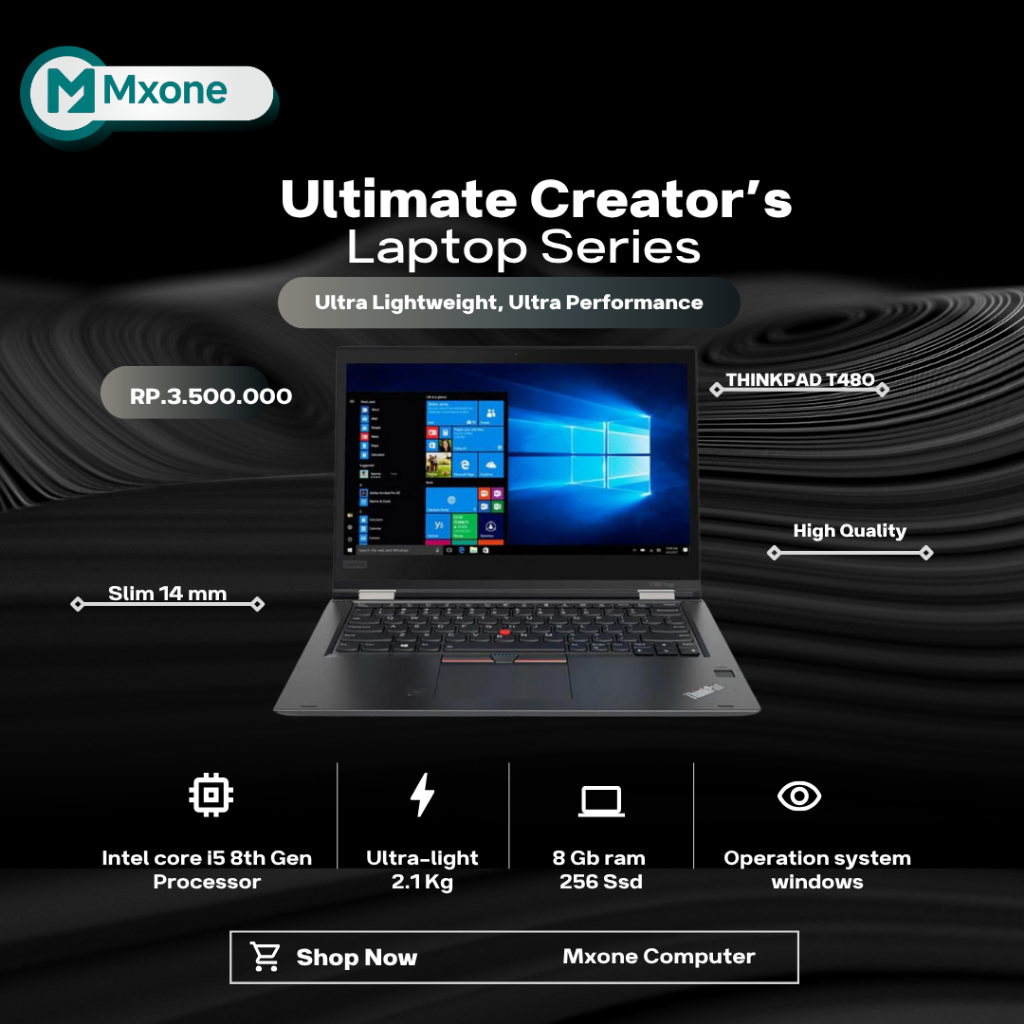 Laptop kerja lenovo T480 windows 10 pro second like new