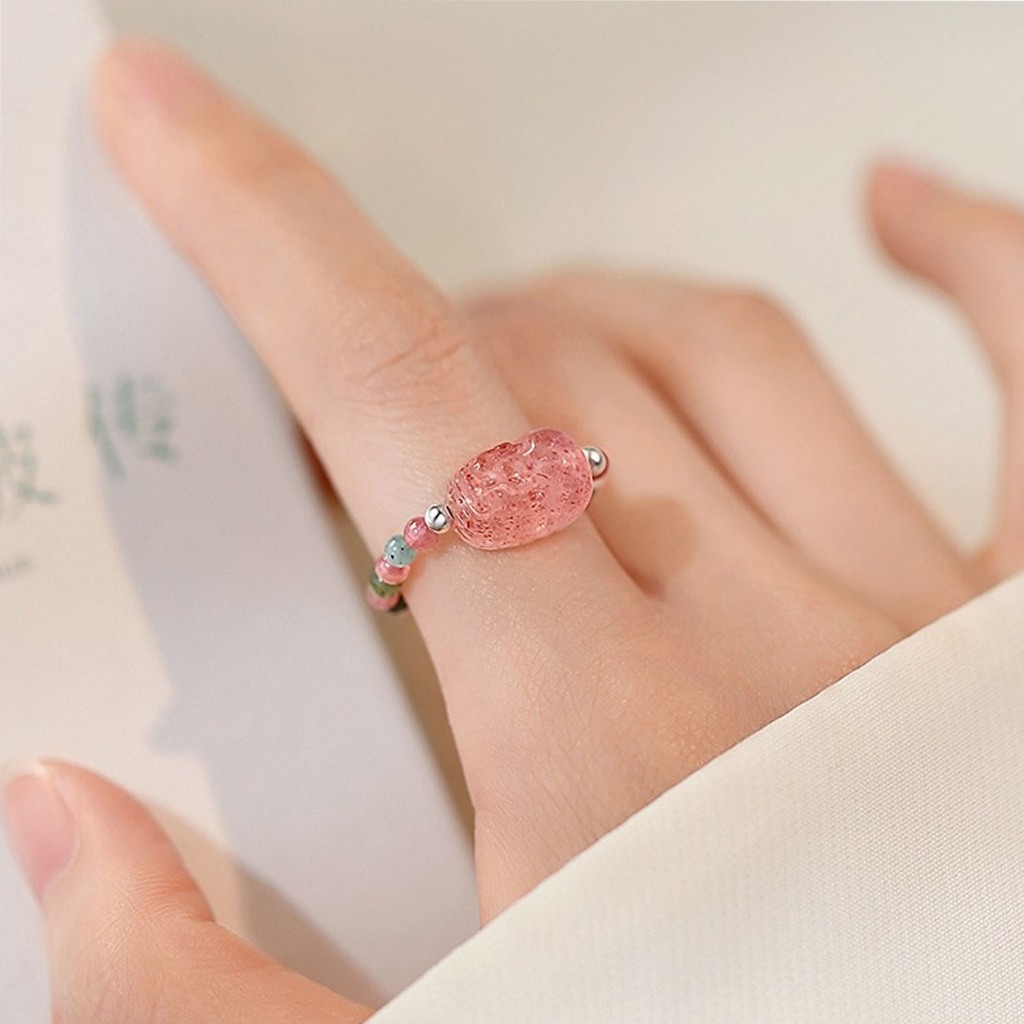 Cincin Turmalin Pixiu, Cincin Garnet Imitasi, Cincin Batu Bulan Stroberi, Cincin Kristal,