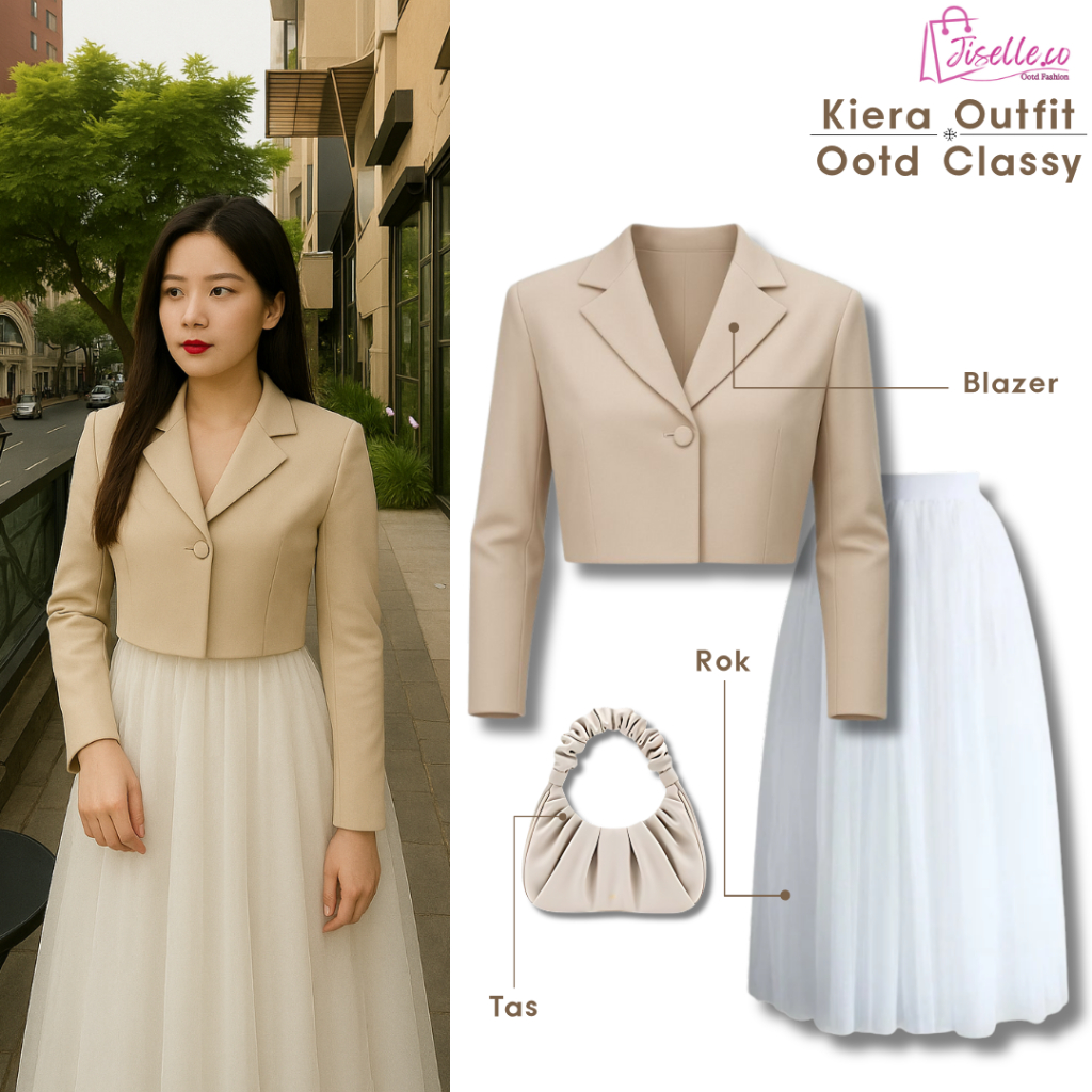 Setelan Kiera 3in1 [Eyli Blazer+Rok Tutu+Bag] One Set Classy Buat Ngantor | Ootd Kekinian JC8A