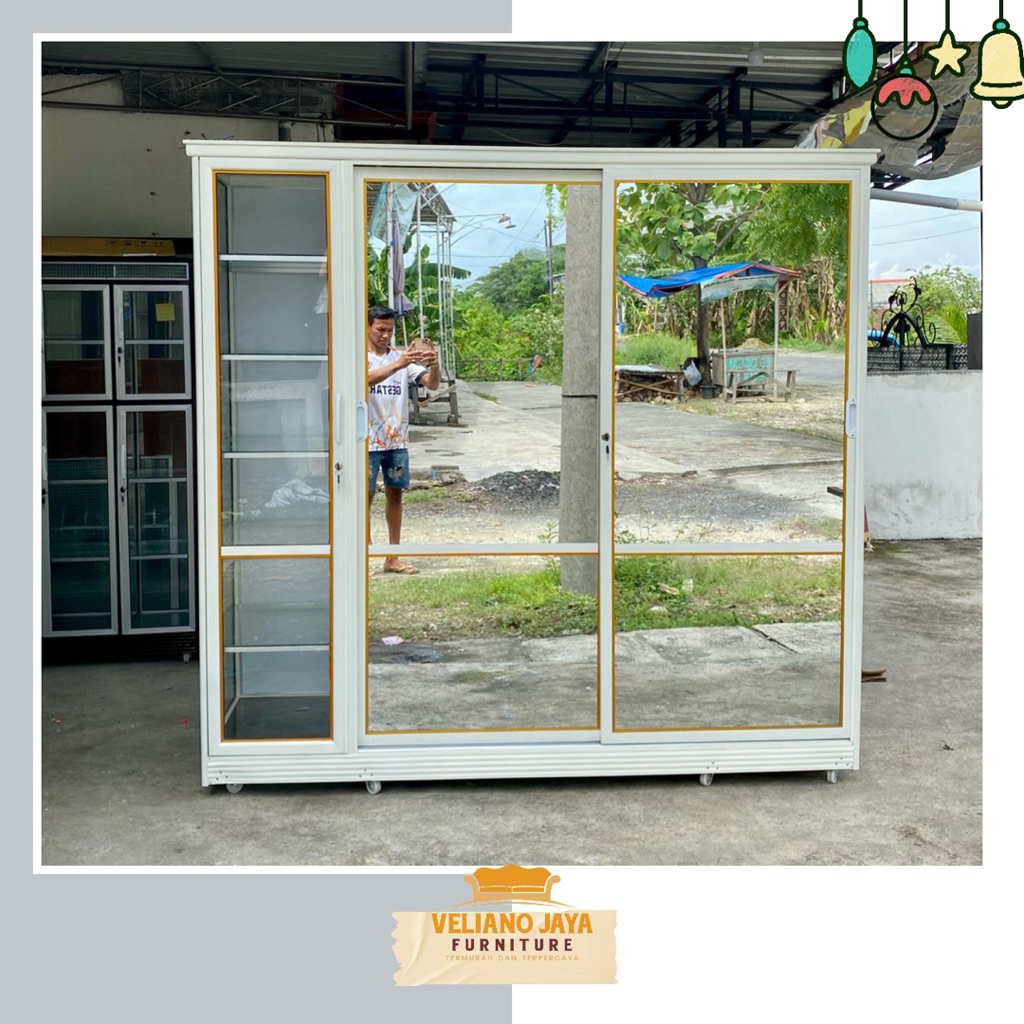 Lemari 2 Pintu Sleding + Tas + Hijab + Laci // Bahan Alumunium Kaca & Acp