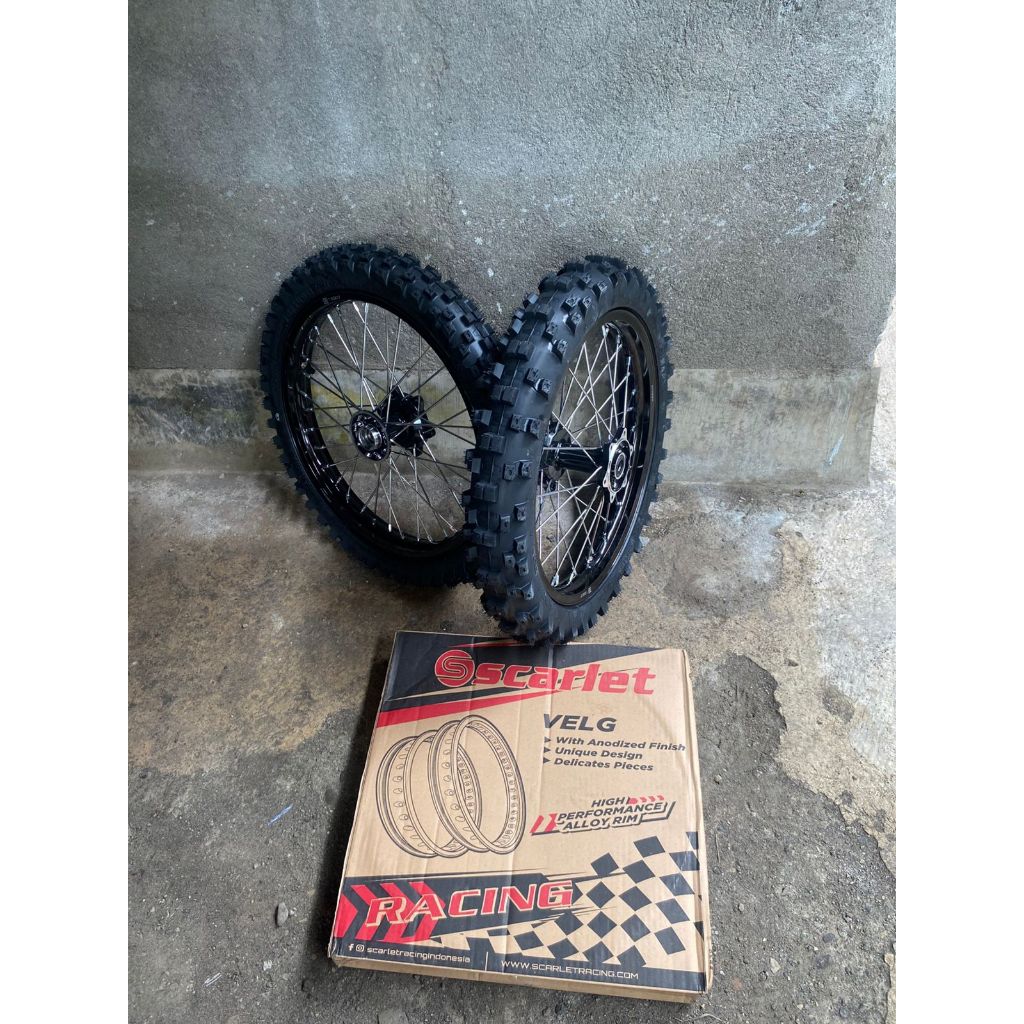 Paket Wheelset offroad RBT Tromol KLX  Ring 16/17 Velg Scarlet baru Ban Baru