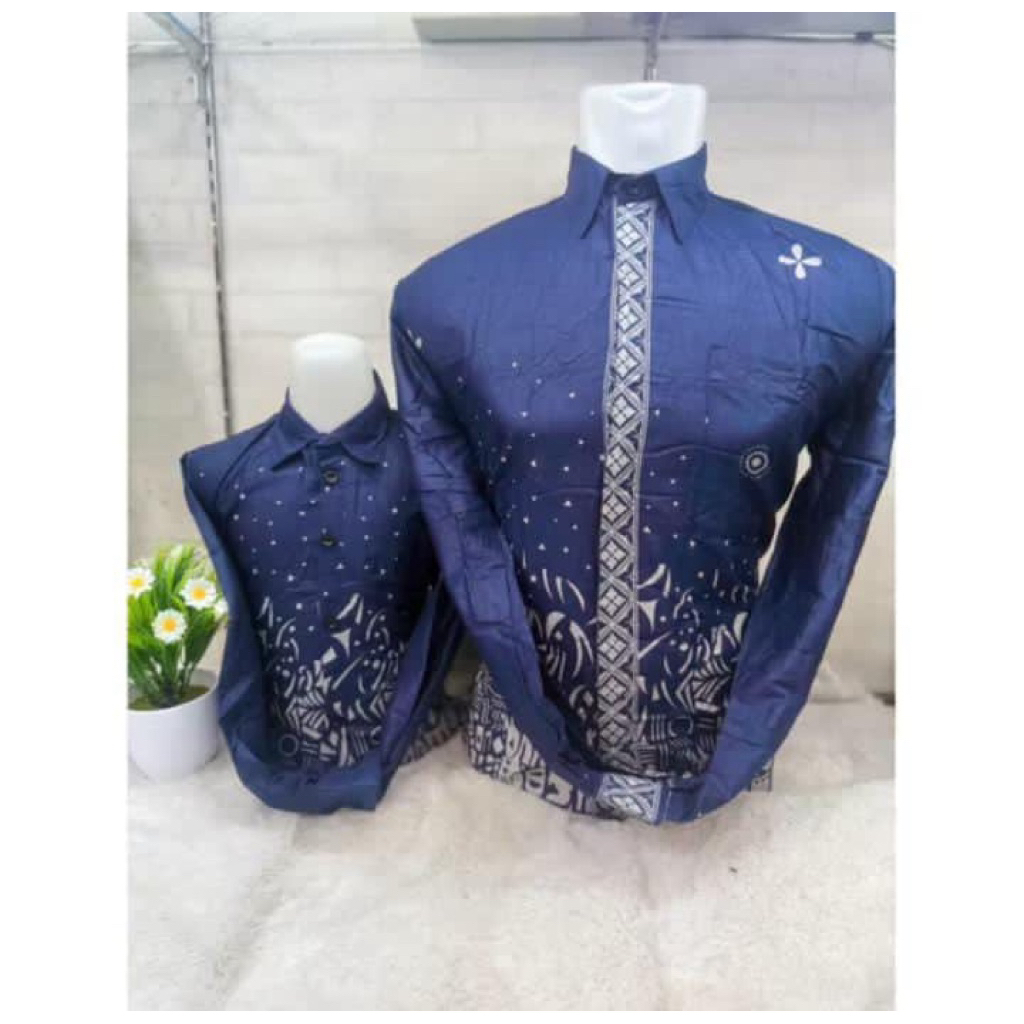 Baju Batik Couple (Bapak & anak) Warna biru dongker/navi bahan katun prima premium