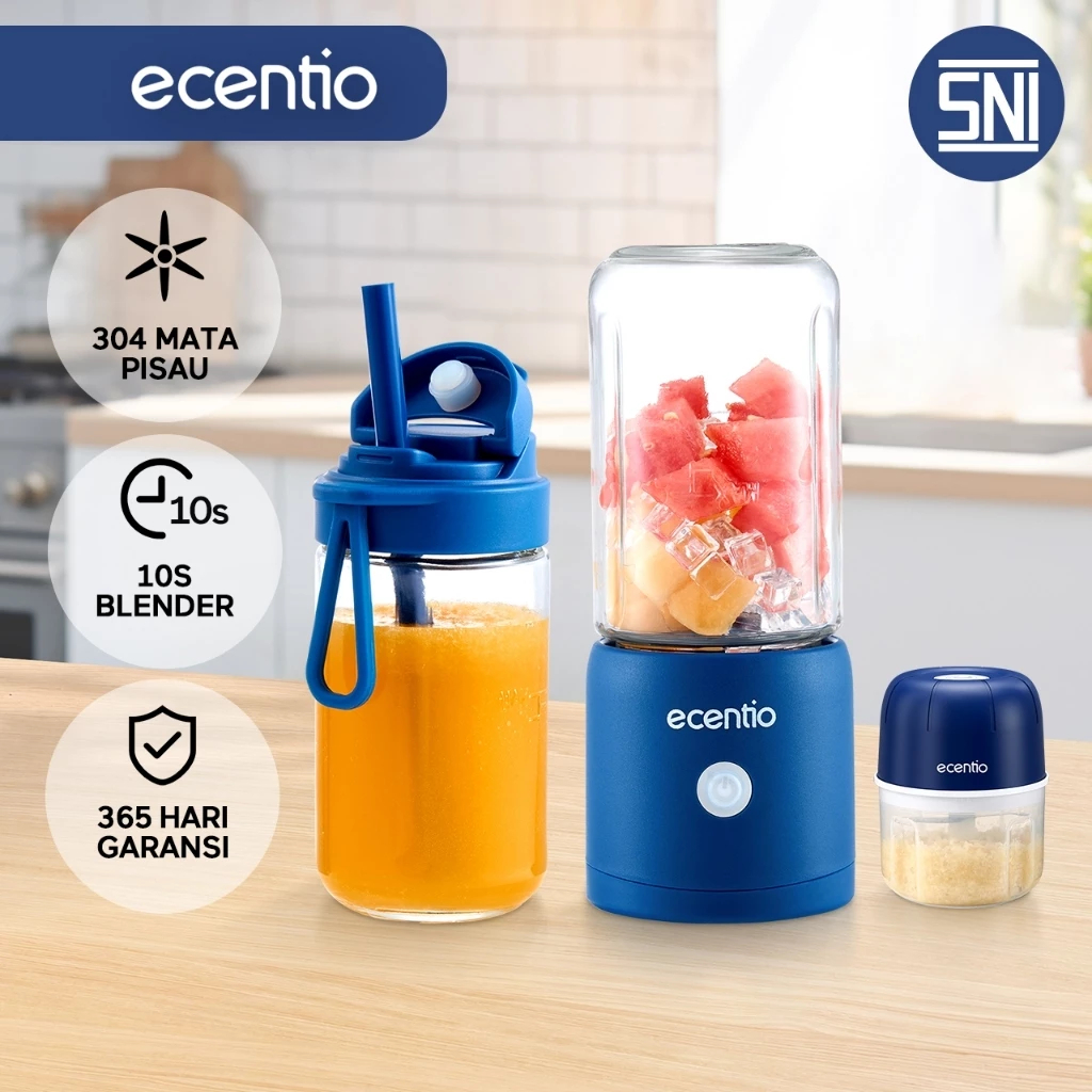 ecentio Juicer Portable Blender MPASI Portable 2 Food Grade Kaca Gelas Tahan Pecah 380ml+380ml 10 Pi