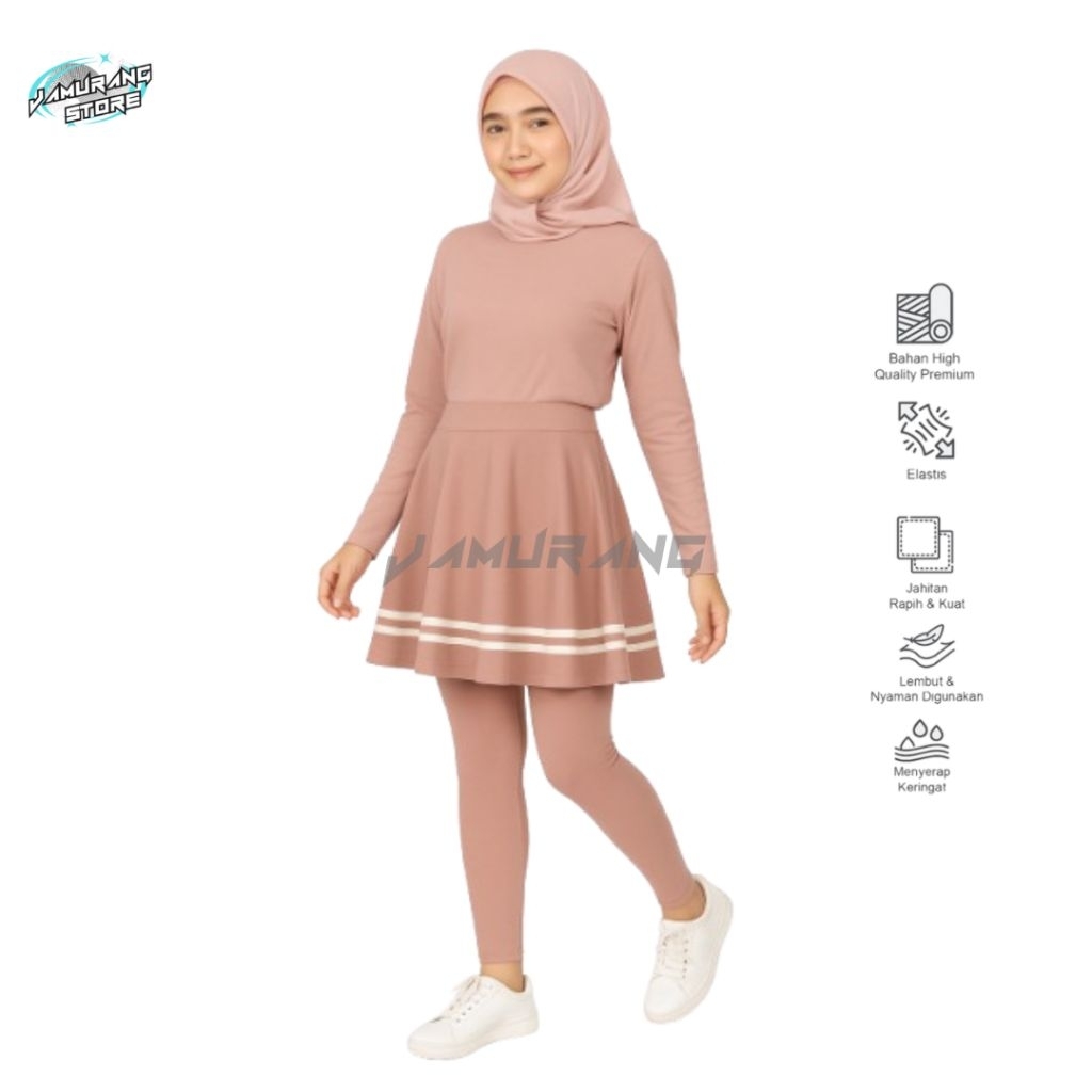 Legging Rok Legging Olahraga Stripe Wanita Skirt Sport List Putih