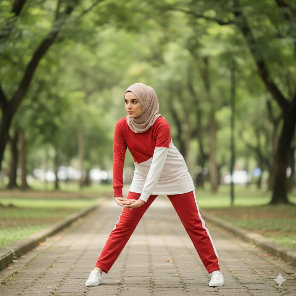 MERDEKA SET - Setelan Kaos Celana Training Olahraga Wanita Muslimah Edisi Dirgahayu Indonesia Merah 