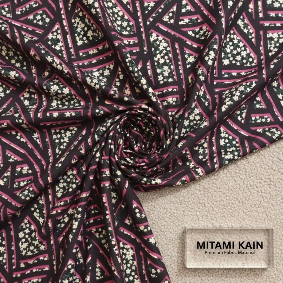 Kain Wolfis Motif Bunga Daisy Hitam dengan Pola Geometris Garis Ungu – Bahan Jahit Dress & Blouse (H