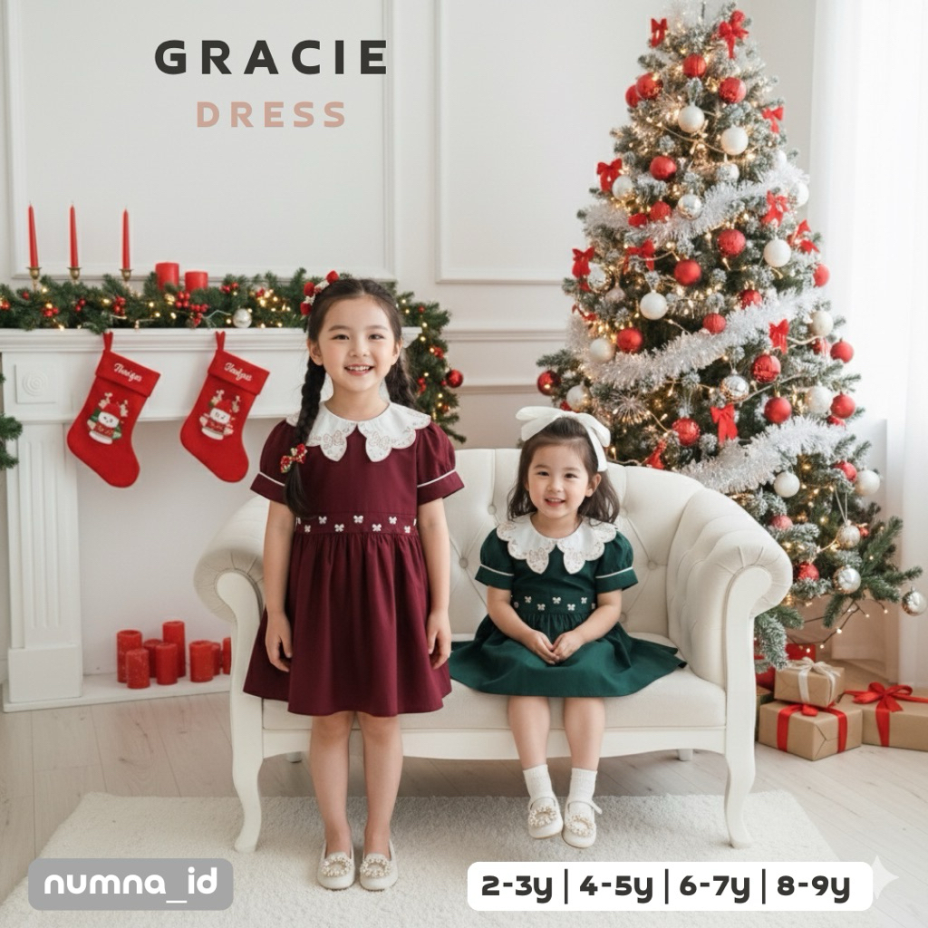 numna GRACIE Dress Natal Anak Perempuan | Dress Christmas | Baju Anak Natal Mewah 3-10 tahun