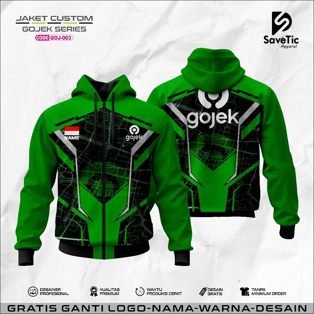 Jaket Gojek Full Printing Sublim/Jaket Custom/Hoodie/Bomber/Tracktop/Jaket gojek Pria dan Wanita/Jak