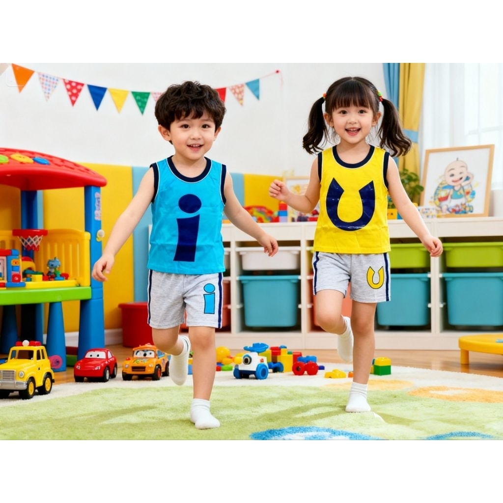 SETELAN ANAK UNISEX UPIN IPIN USIA 6-10 TAHUN/BAJU KAOS SINGLET ANAK CEWEK-COWOK UPIN DAN IPIN LUCU