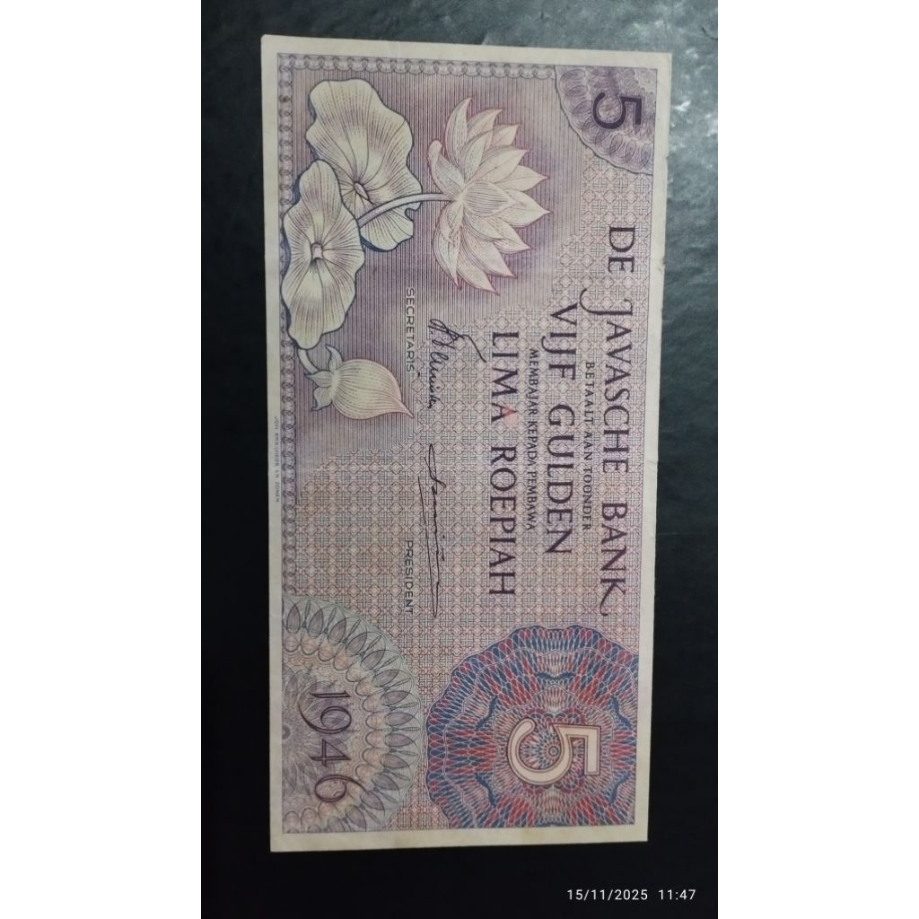 UANG KUNO 5 RUPIAH GULDEN FEDERAL TAHUN 1946 BAGUS