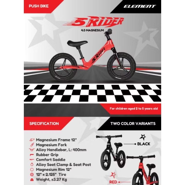 Push Bike/Balance Bike 5 RIDER 4.0 MAGNESIUM By ELEMENT RMB Ban Karet Pompa Sepeda Keseimbangan Anak