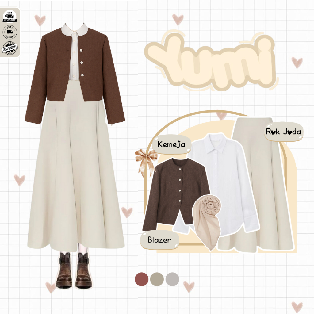 Yumi Outfit Yearbook Dark Academia ( Bella Square + Ailee Blazer + Kemeja Basic Polos+Rok ) -D31