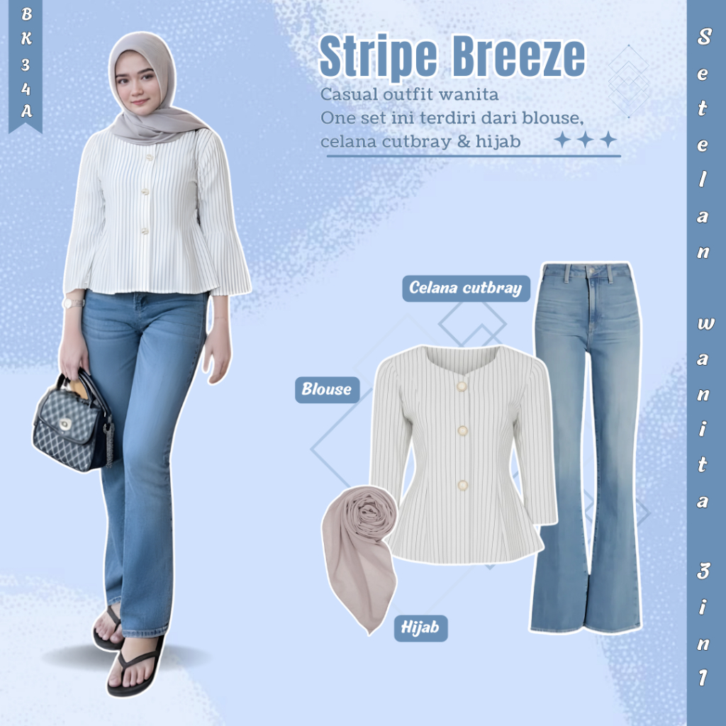 OOTD 3in1 One Set Wanita Blouse Kemeja Salur Celana Cutbray Jeans Celana Kulot Hijab Kekinian BK11A