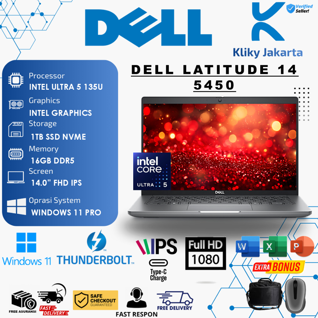 Laptop Dell Latitude 14 5450 Intel Ultra 5 135U Ram 16GB 1TB SSD 14 in FHD IPS Windows11 Pro
