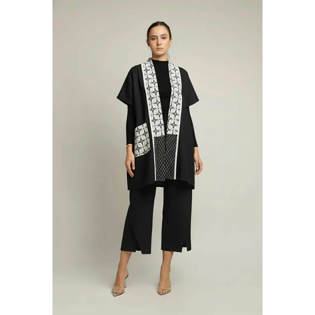 Rosalina Top Cardigan - Outer Batik Wanita Motif Monokrom Warna Hitam Putih