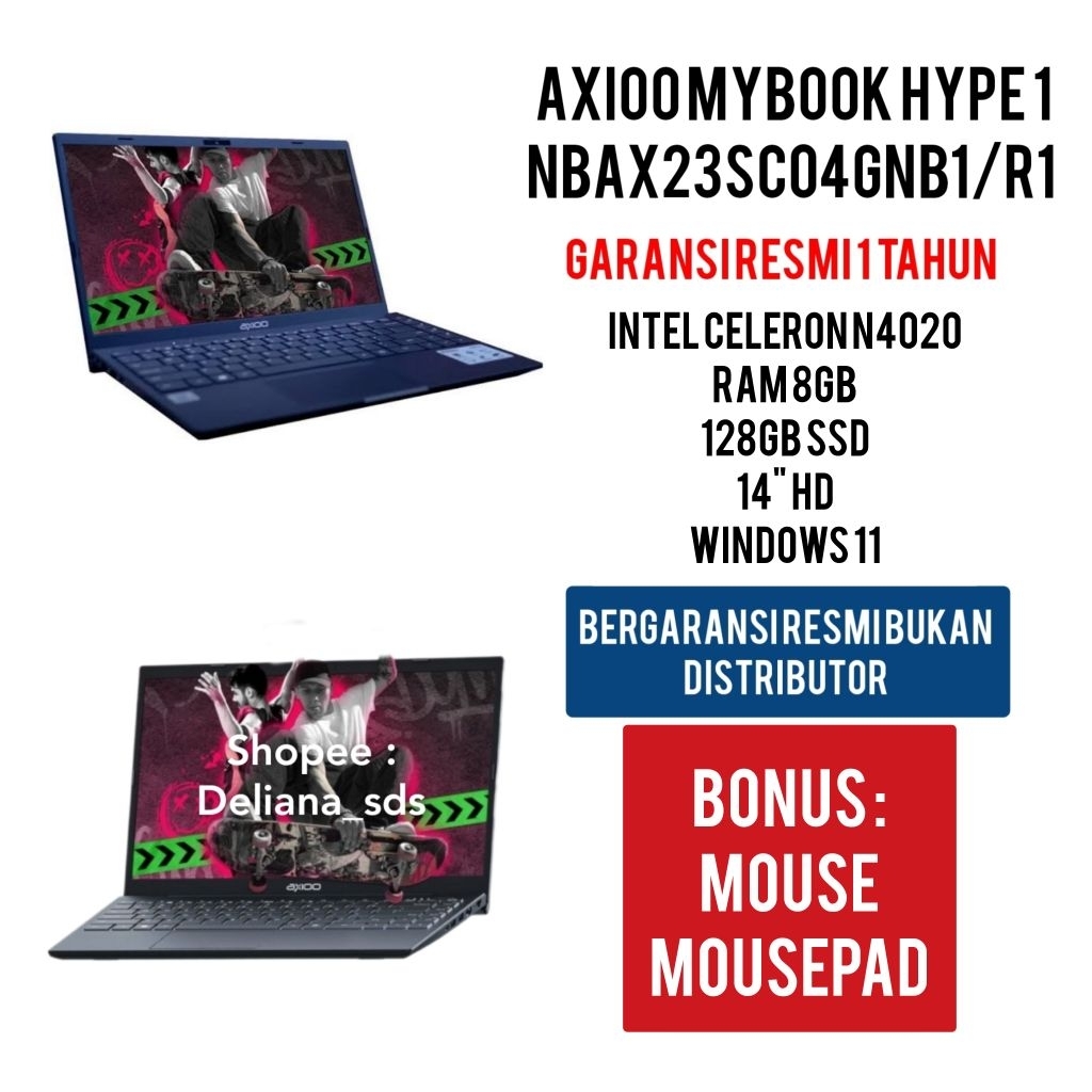 Laptop Axioo Mybook Hype 1 Intel Celeron N4020 8GB/128GB SSD Garansi Resmi 1 Tahun Axioo Mybook Hype