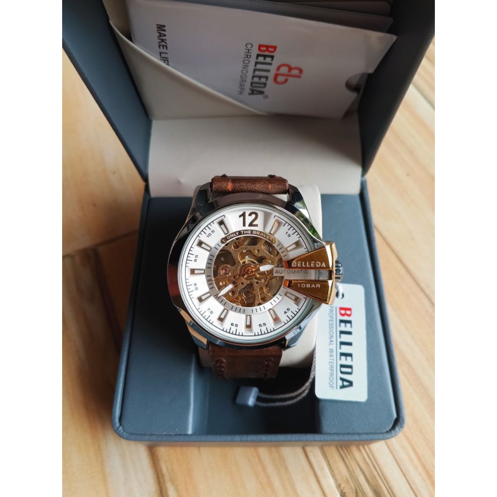 Jam Tangan Pria Belleda 9473 Automatic Tali Kulit Tahan Air 30M Watch Mewah
