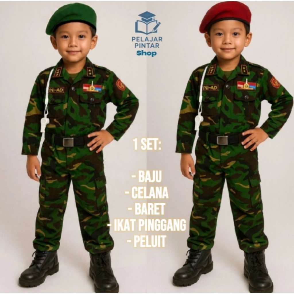 Baju Seragam TNI Anak Lengkap 1 Set / Baju Karnaval / Kostum Tentara Anak Loreng
