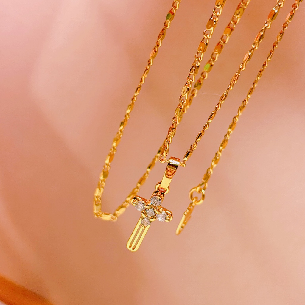 Aish.Jewelry Kalung Salib Kuning Anti Karat Titanium Kalung Salib Rantai Tempe Gold Titanium Asli