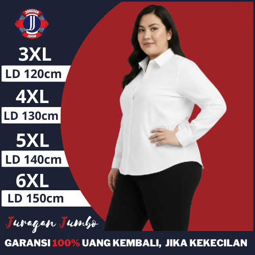 Kemeja Jumbo Putih Wanita Lengan Panjang Polos LD 120 130 140 150