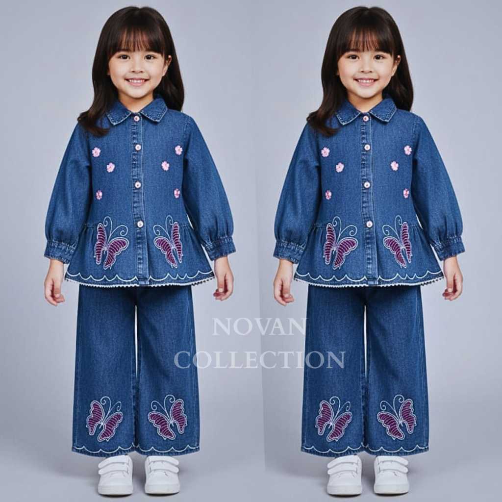 Stelan jeans anak perempuan lengan panjang model terbaru 2025 set anak korean style usia 3 - 11 tahu