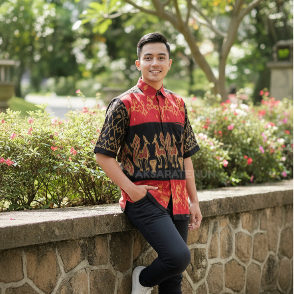 Kemeja Tenun Mandala Pria Merah Hitam – Kemeja Etnik Premium / Baju Tenun Pria / Kemeja Kondangan