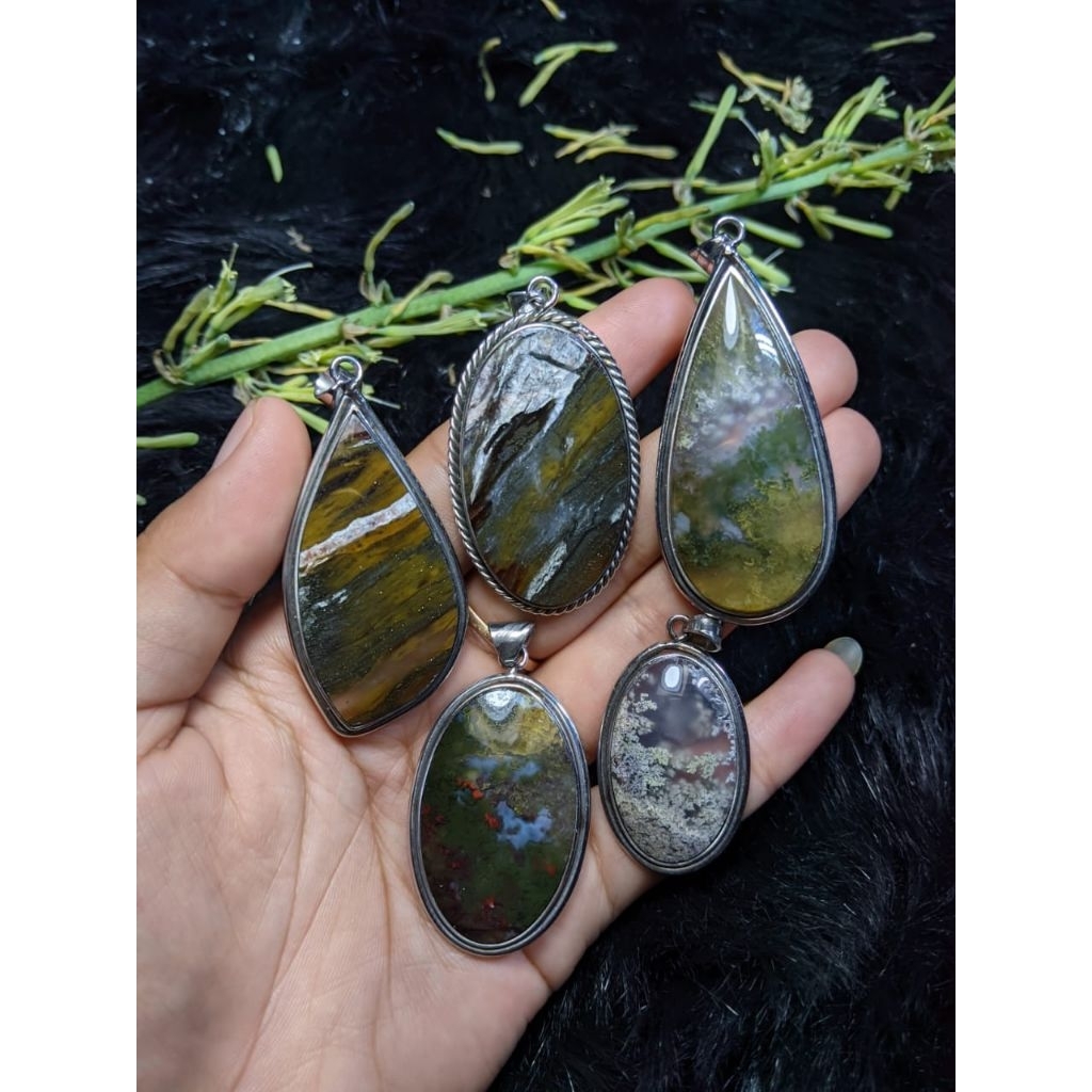 pendant moss agate, pendant stainlees stell, liontin batu lumut, liontin batu akik asli natural, bat