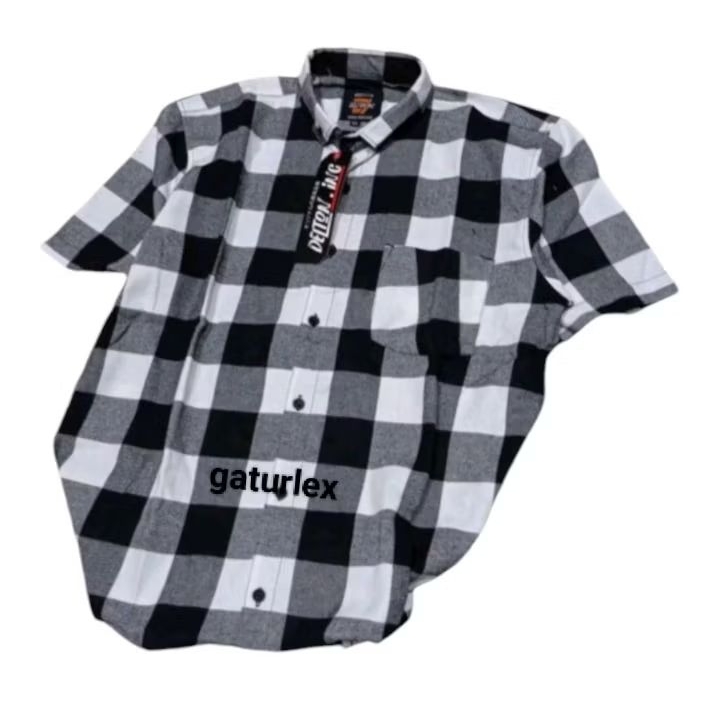 Kemeja kotak-kotak pria kemeja flanel pendek putih hitam size XXL XXXL Model casual formal