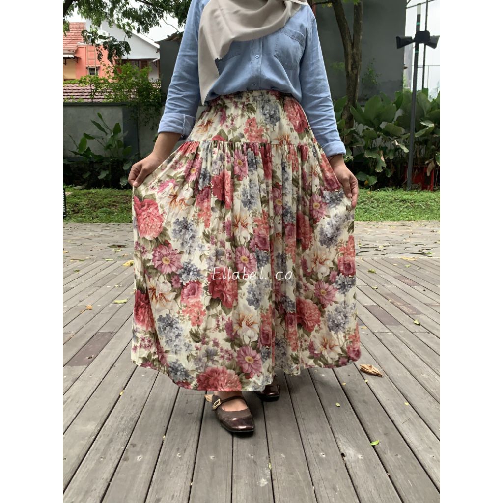 Ellabel.co - rok floral rayon panjang / rok rayon adem / rok bunga flowy / rok rayon panjang korean 
