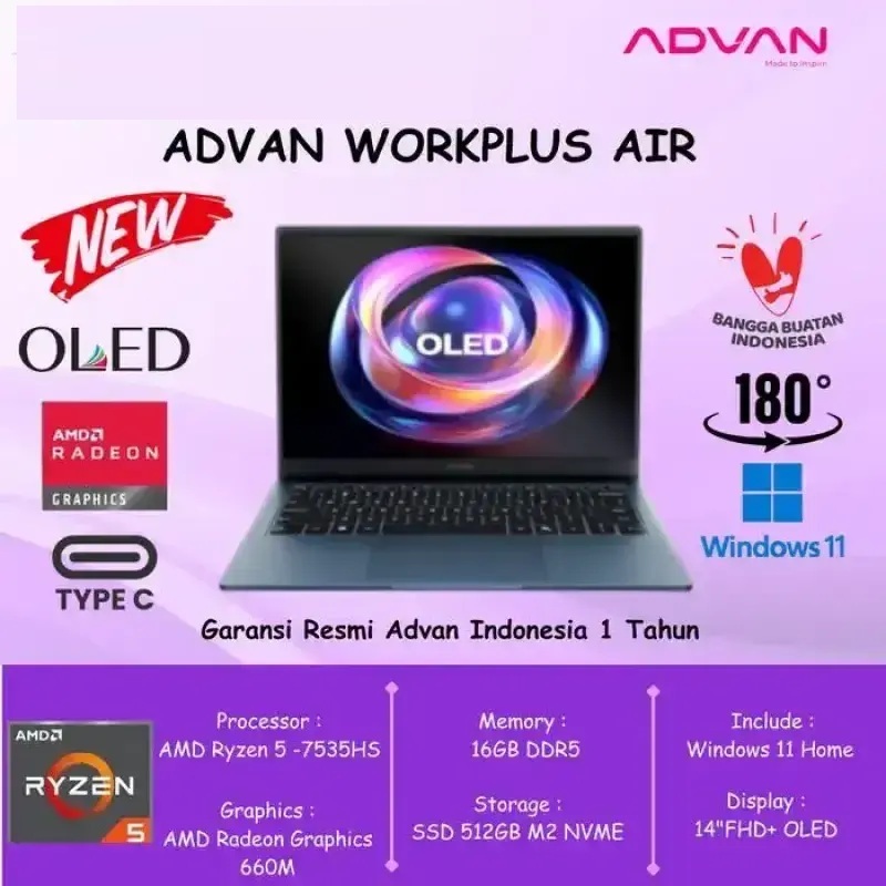 Laptop Advan WorkPlus Air Ryzen 5 7535HS 16GB SSD 512GB Win11 WUXGA OLED