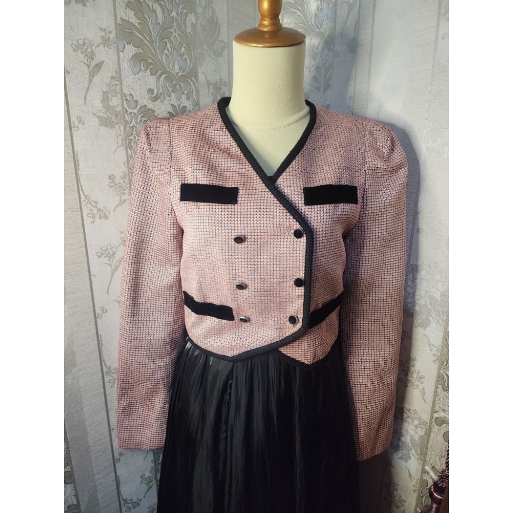 Blazer Crop Tweed Black Pink Hitam Pink