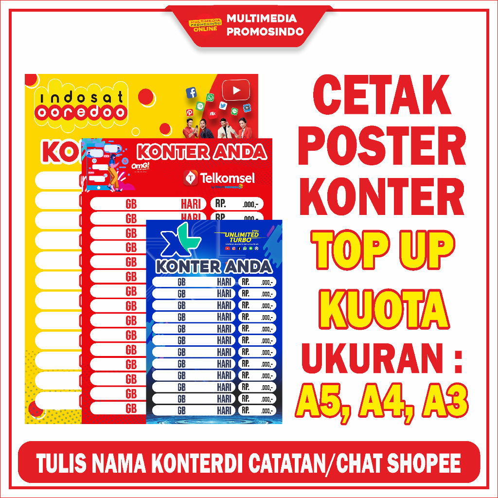 Poster Konter Daftar Harga Paket Data / Poster Paket Data Konter / Daftar Harga Murah Bisa Custom To