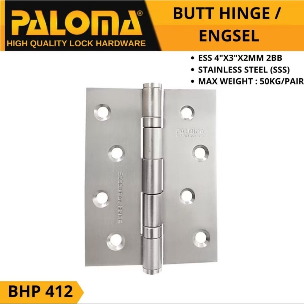Engsel Pintu merk PALOMA 4 Inch BHP 412 – Stainless Steel + Ball Bearing Halus