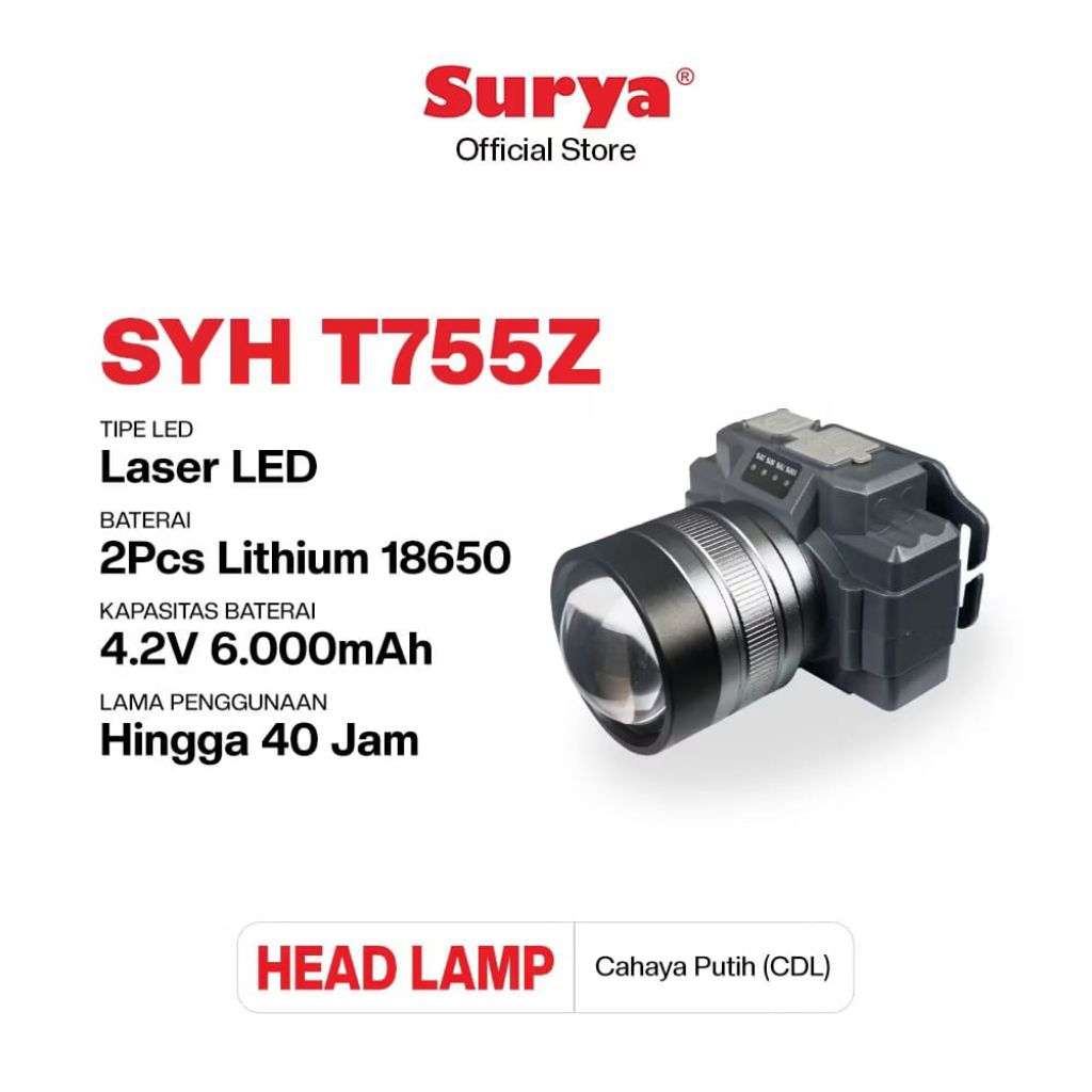 Surya SYH T755Z 75 Watt Lampu Senter Kepala Headlamp LED Rechargeable | Cahaya Putih / Cool Daylight