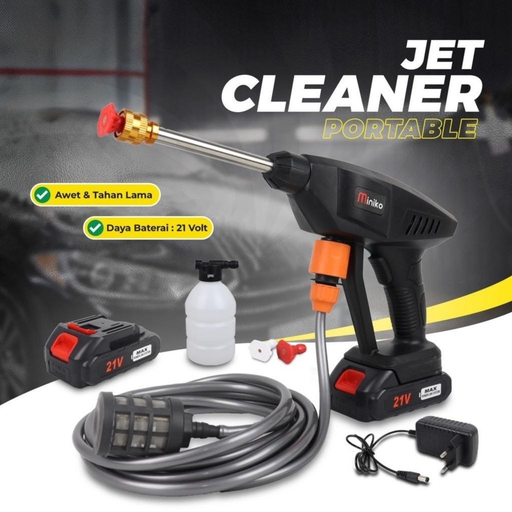 Mesin Steam Cuci Motor Mobil Portable Miniko Jet Cleaner Cordless 21v Nirkable - 2 Baterai - Hitam