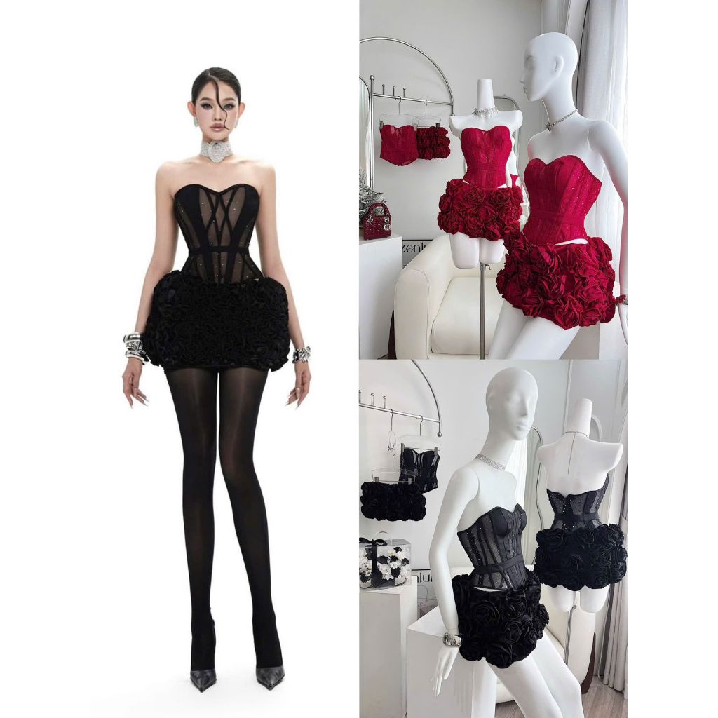 ‼️WITHEURSTYLE‼️SETELAN HIGH QUALITY VIETNAM TANPA LENGAN TOP KORSET KEMBER + SKIRT BUNGA BUNGA 3D F