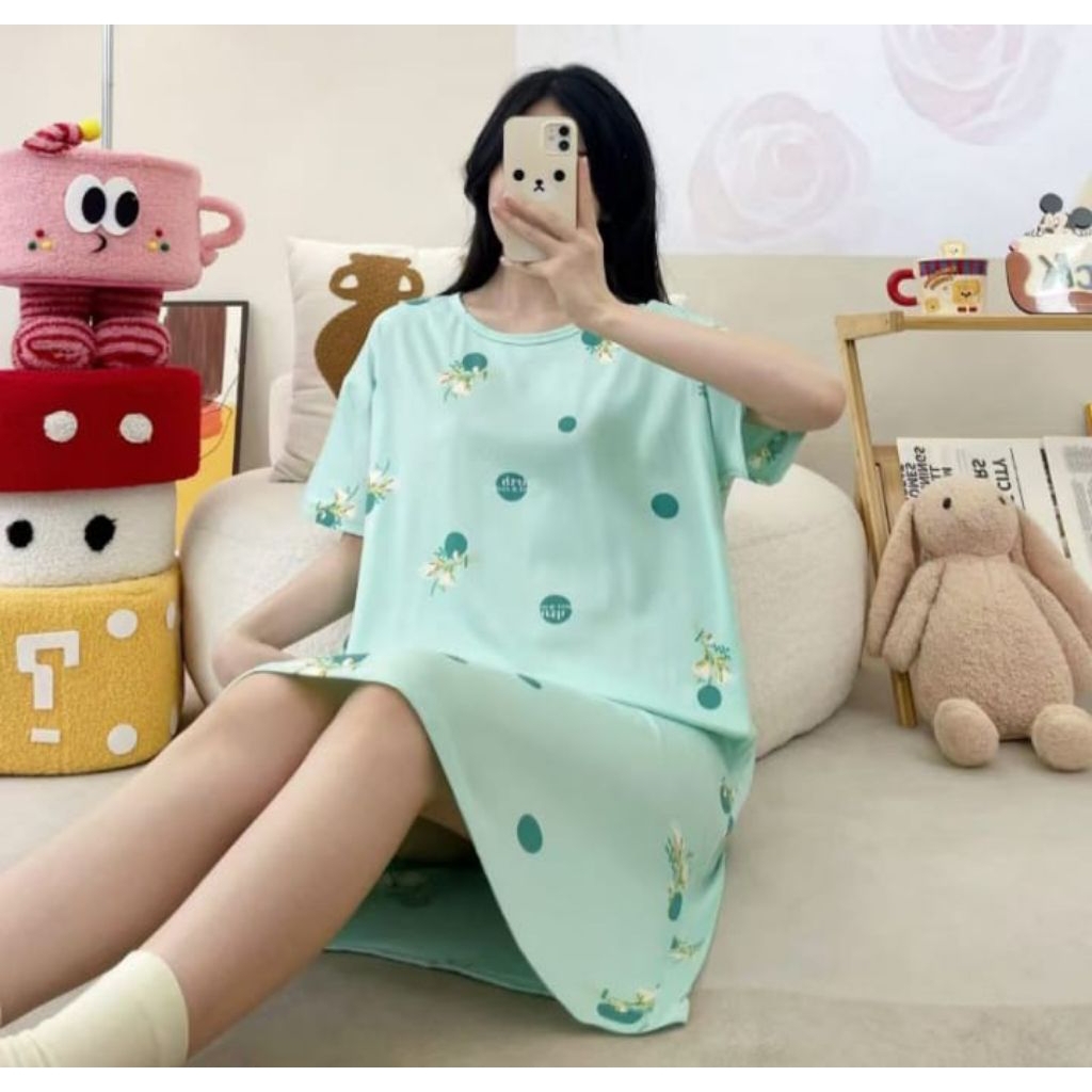 Daster Dress Babydoll Gaun Malam Model Polos Bergambar Bunga Putih Ukuran Allsize