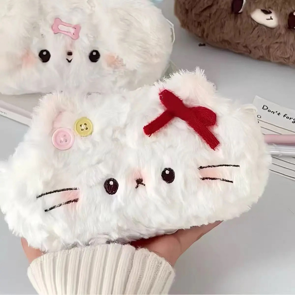 Kotak Pensil Kucing Kancing/Kotak Pensil Boneka Lucu/Penyimpan Alat Tulis Siswa Perempuan/Kotak Pens