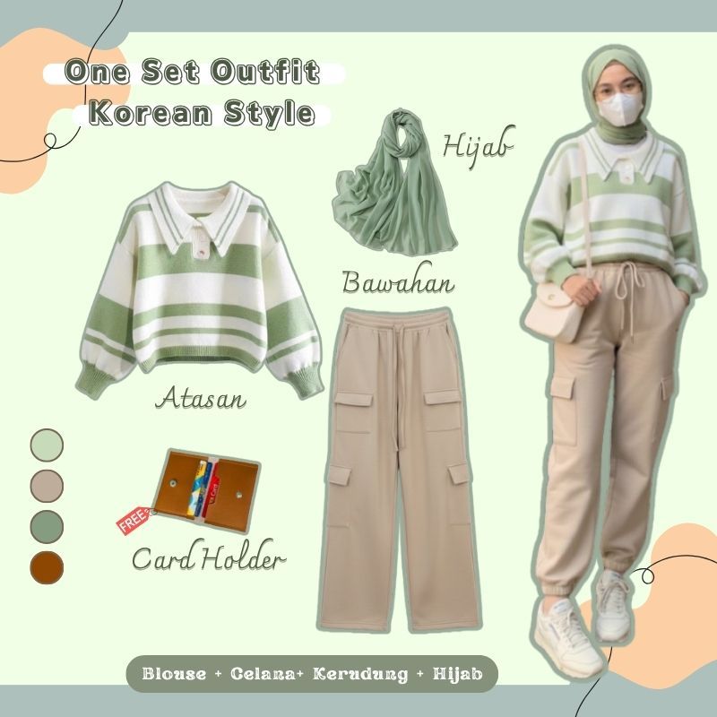 Baju Setelan Cewek Korean Style ( Sweater Rajut + Celana Cargo + Hijab ) Outfit Remaja - 005